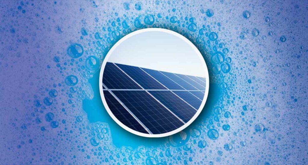 Detergents to Clean Solar Panels picture 1 of 2 of soap suds on blue background with solar panels in the centre